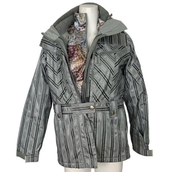 686 Womens Smarty Tech 3 in 1 Snowboarding Jacket S Gray Striped Hooded Ski - Picture 1 of 16